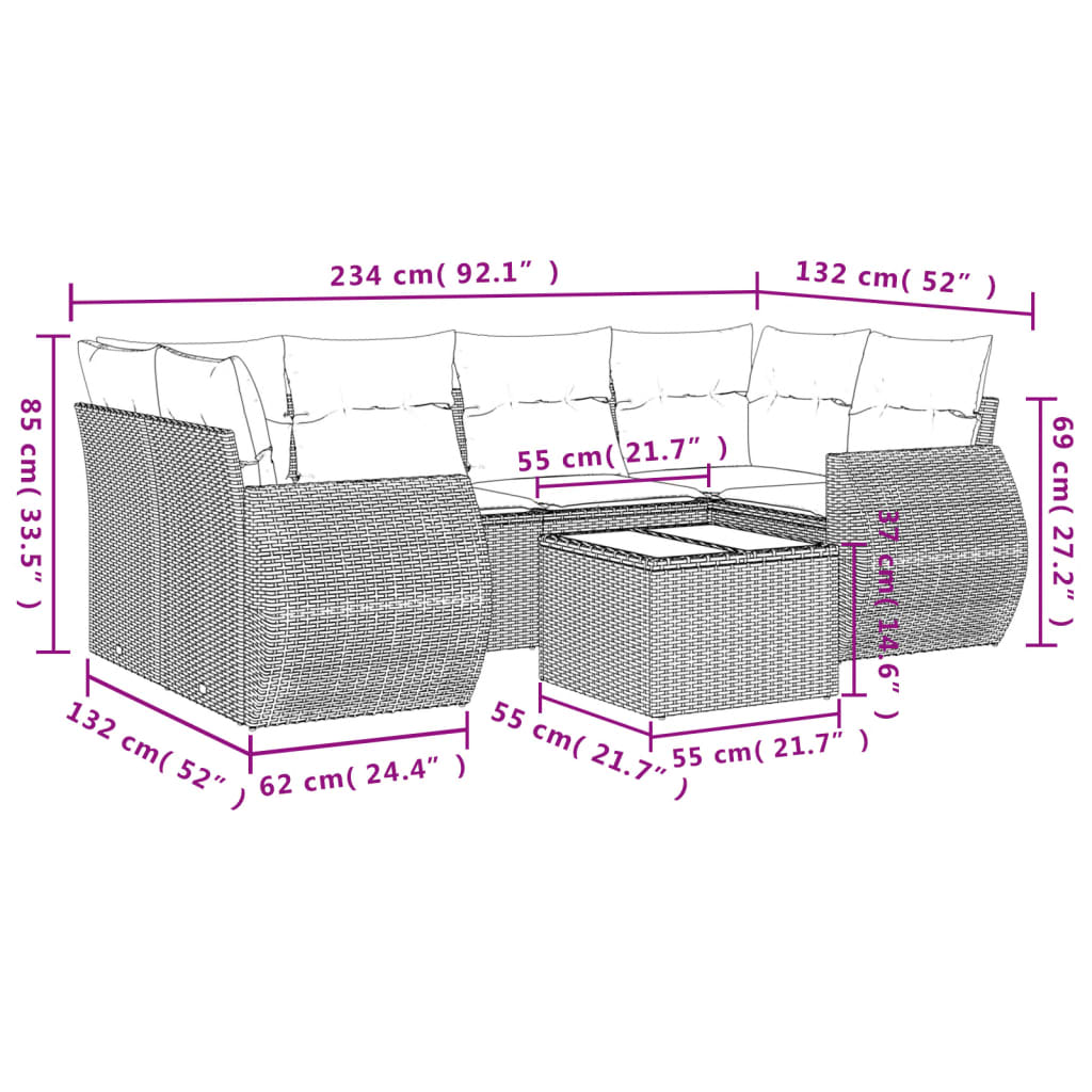 vidaXL 7 pcs conjunto de sofás p/ jardim com almofadões vime PE bege