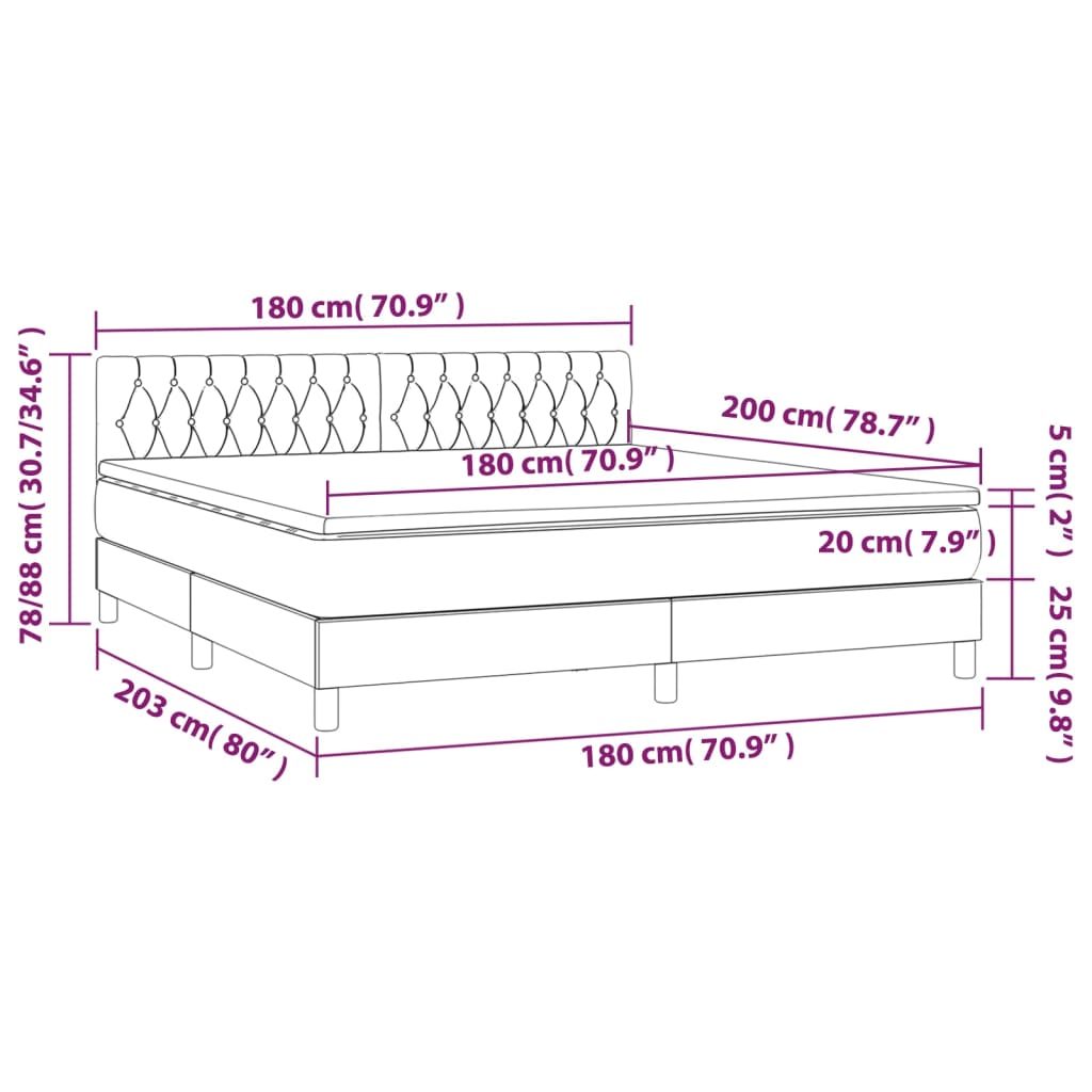 vidaXL Cama box spring c/ colchão e LED 180x200 cm tecido azul