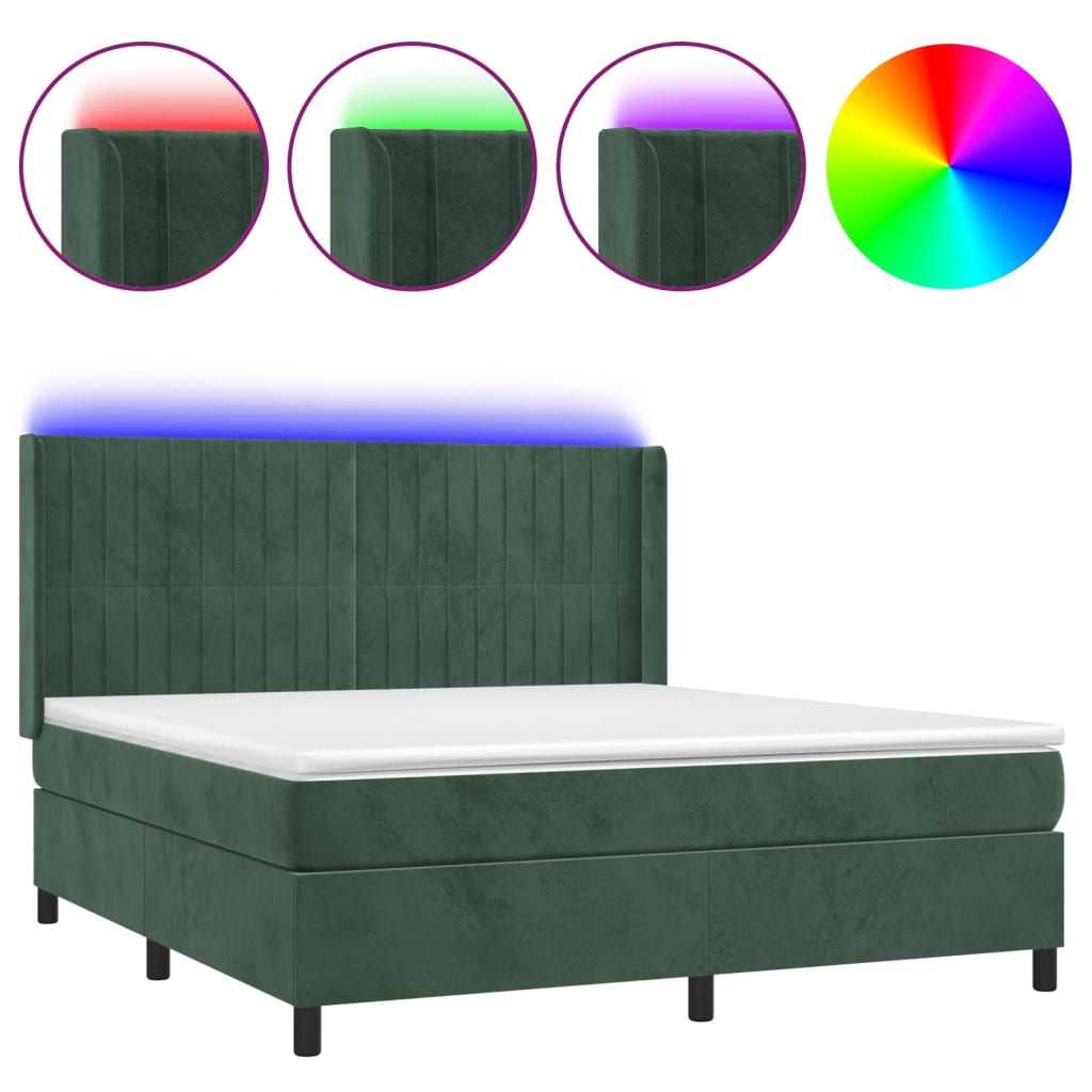 vidaXL Cama box spring c/ colchão/LED 160x200 cm veludo verde-escuro