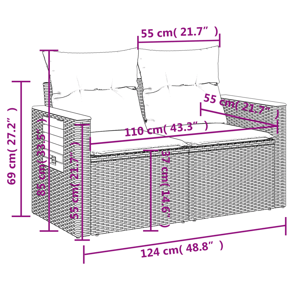 vidaXL 8 pcs conjunto sofás de jardim com almofadões vime PE preto