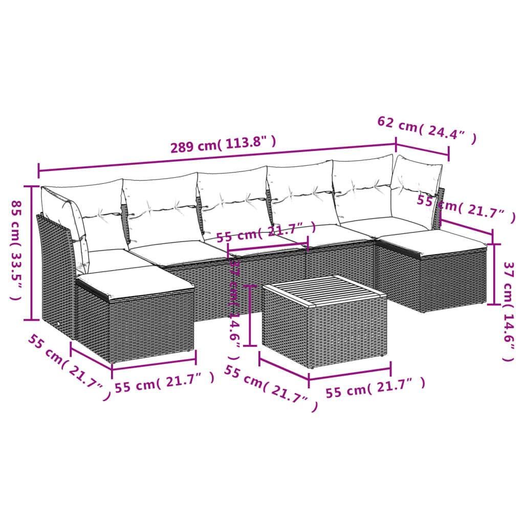 vidaXL 8 pcs conjunto sofás de jardim com almofadões vime PE preto