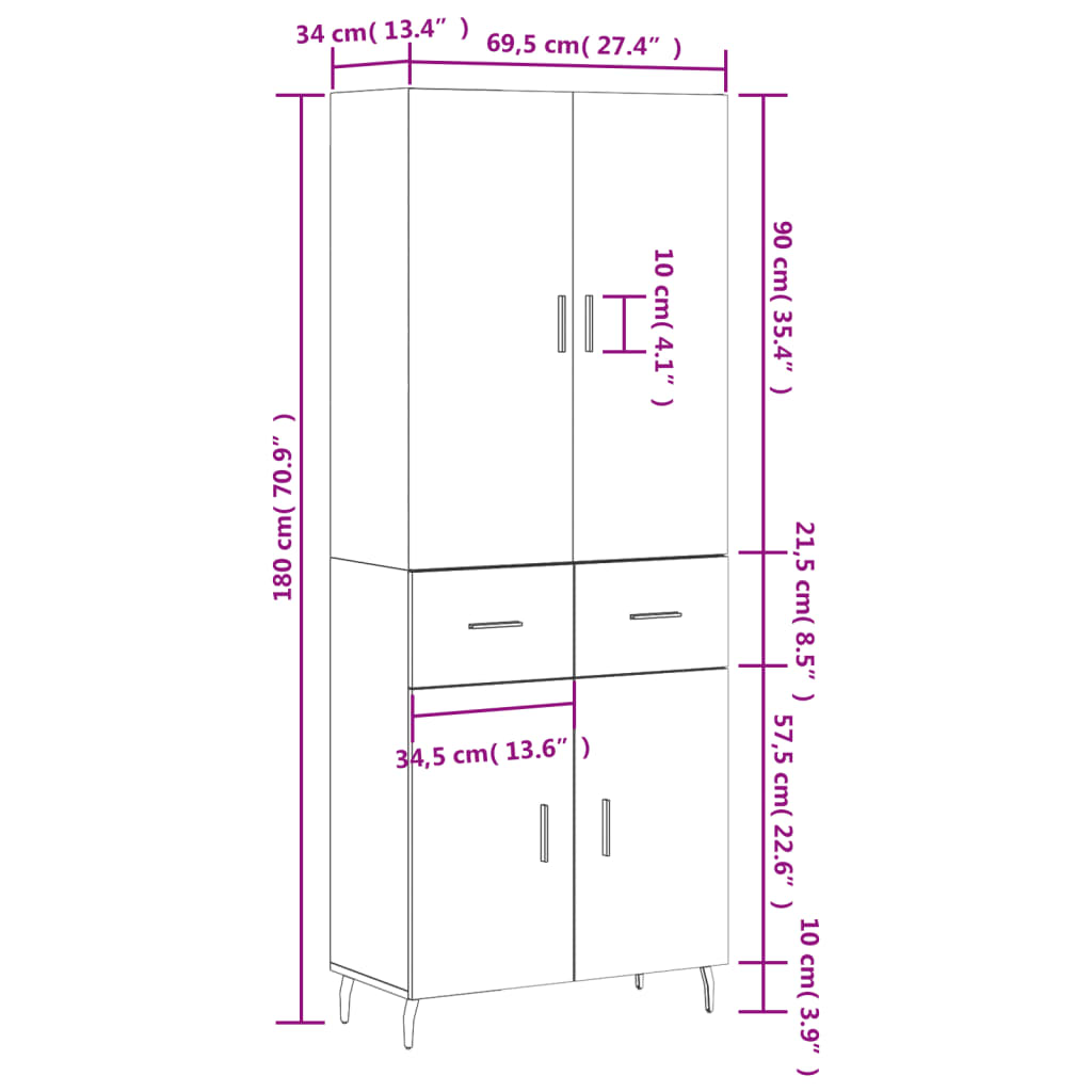 vidaXL Armário alto 69,5x34x180 cm derivados de madeira cinza cimento