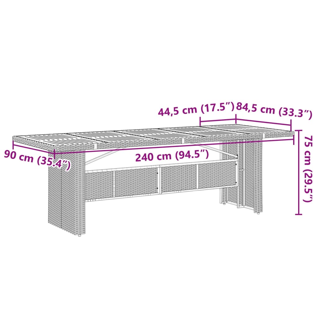 vidaXL Mesa de jardim com tampo de vidro 240x90x75 cm vime PE cinzento