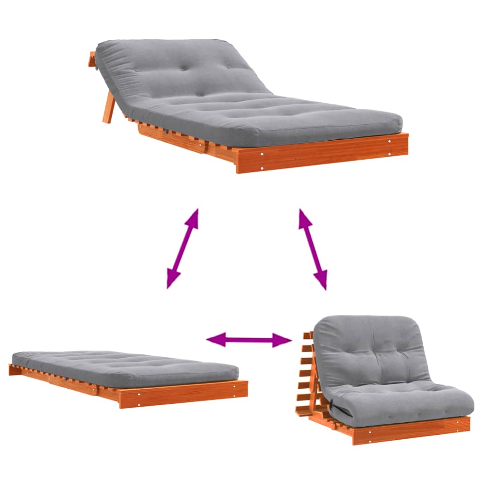 vidaXL Sofá-cama futon c/ colchão madeira de pinho maciça castanho-mel