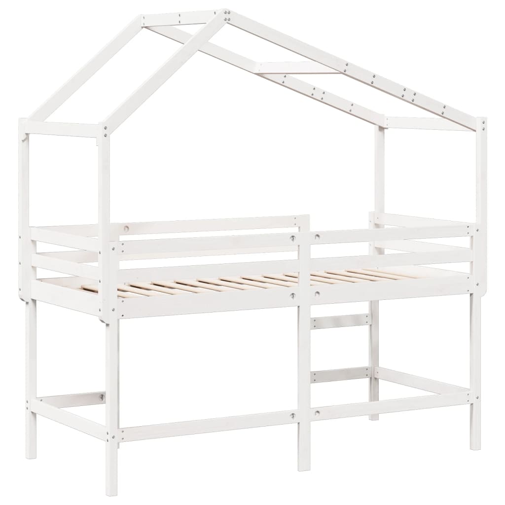 vidaXL Cama alta c/ escada e telhado 80x200 cm pinho maciço branco