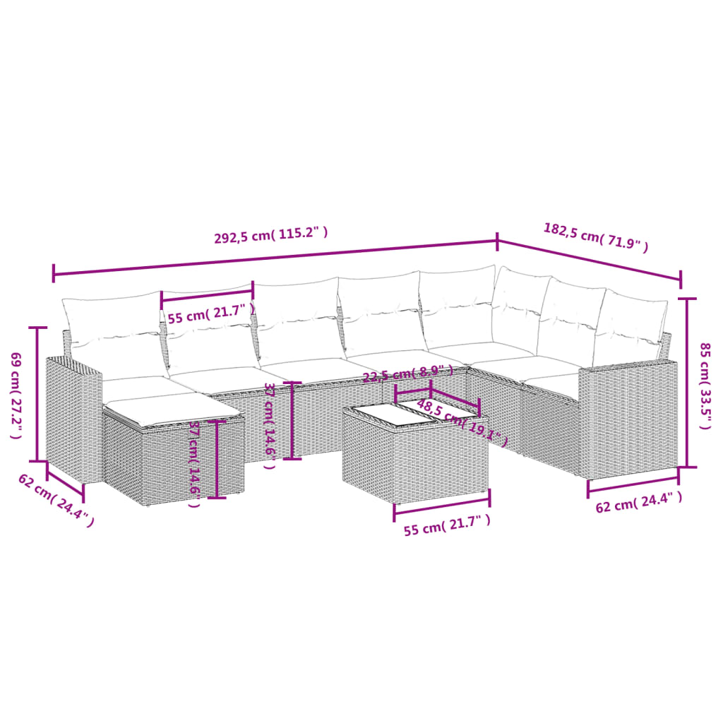 vidaXL 9 pcs conjunto de sofás p/ jardim c/ almofadões vime PE preto