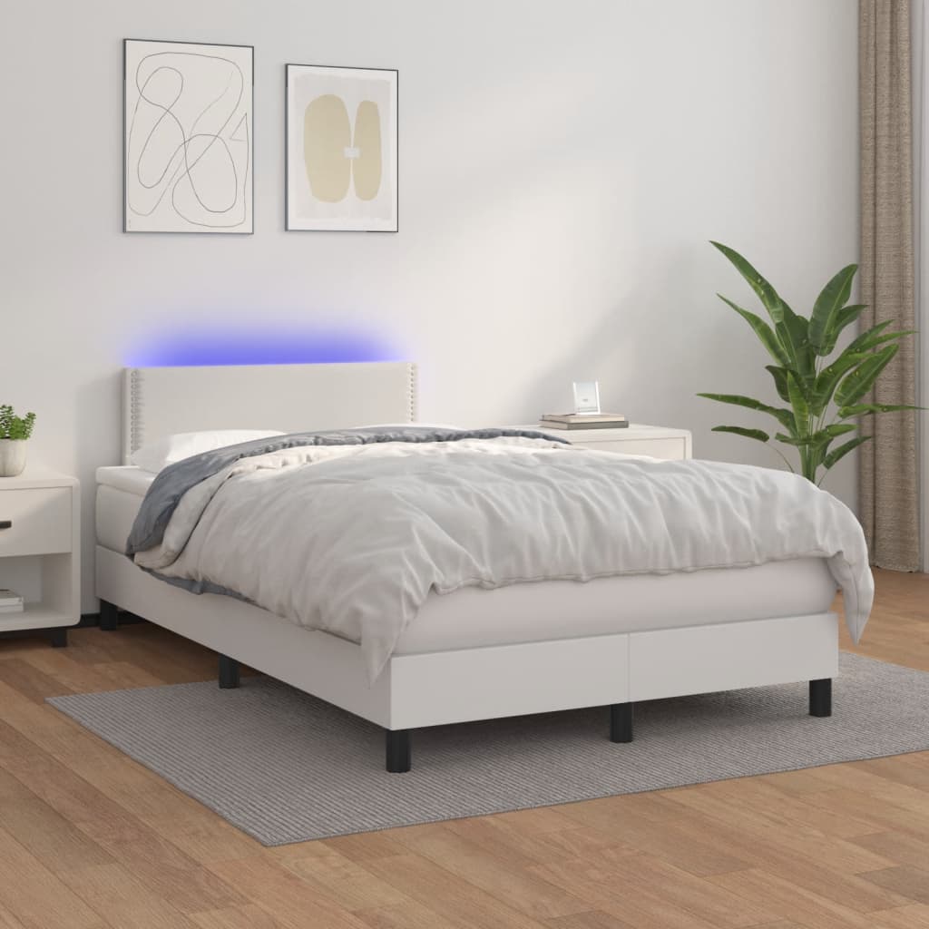 vidaXL Cama box spring c/colchão/LED 120x200cm couro artificial branco