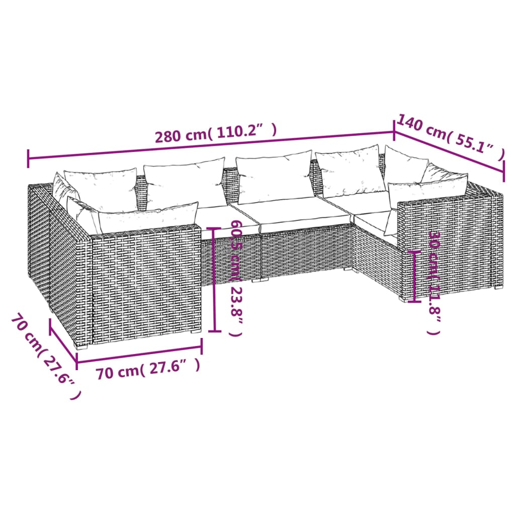 vidaXL 6 pcs conjunto lounge de jardim c/ almofadões vime PE cinzento