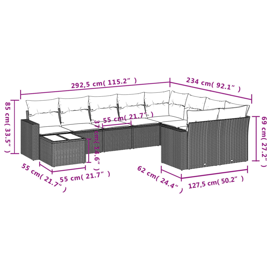 vidaXL 10 pcs conjunto sofás de jardim c/ almofadões vime PE preto