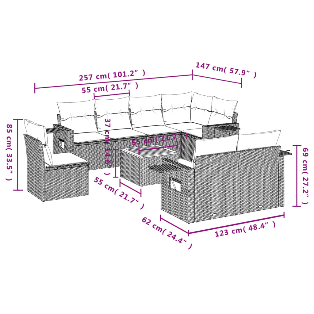 vidaXL 9 pcs conjunto sofás p/ jardim com almofadões vime PE cinzento