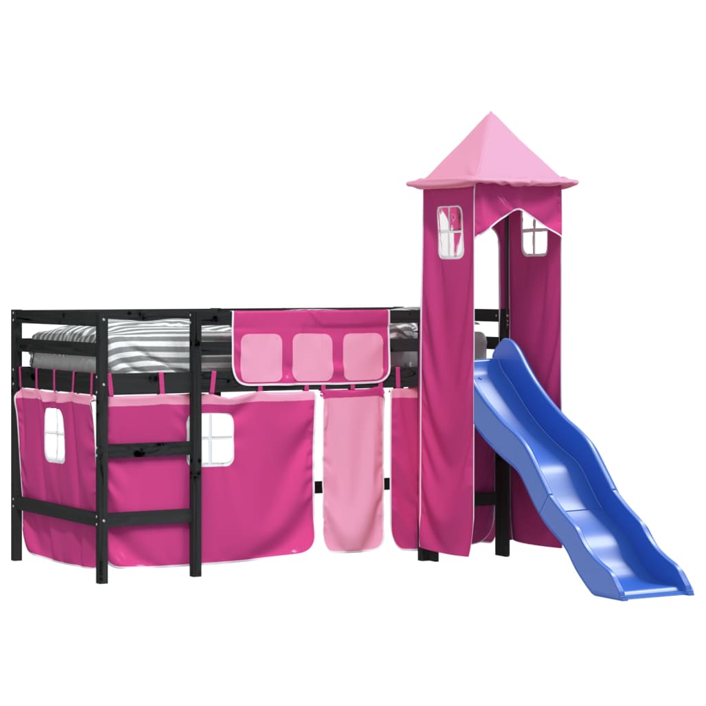 vidaXL Cama alta para criança com torre 90x190 cm pinho maciço rosa