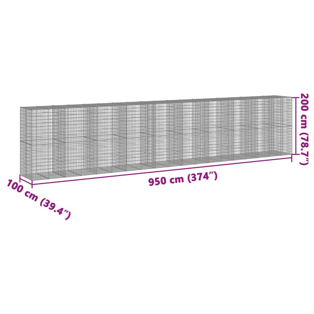 vidaXL Cesto gabião com cobertura 950x100x200 cm ferro galvanizado