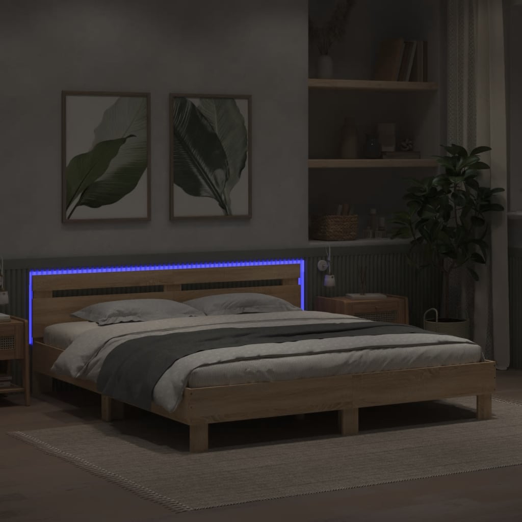 vidaXL Estrutura cama c/ cabeceira/luzes LED 200x200cm carvalho sonoma