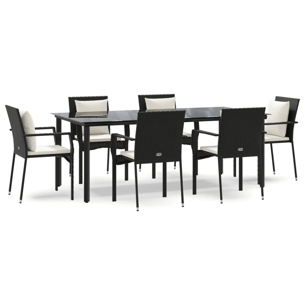 vidaXL 7 pcs conjunto de jantar p/ jardim c/ almofadões vime PE preto