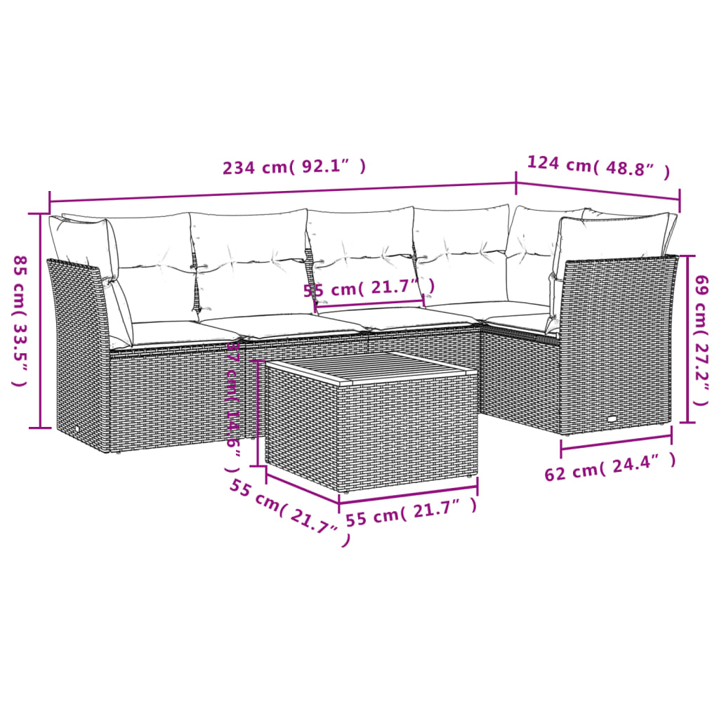 vidaXL 6 pcs conj. sofás jardim c/ almofadões vime PE bege misturado