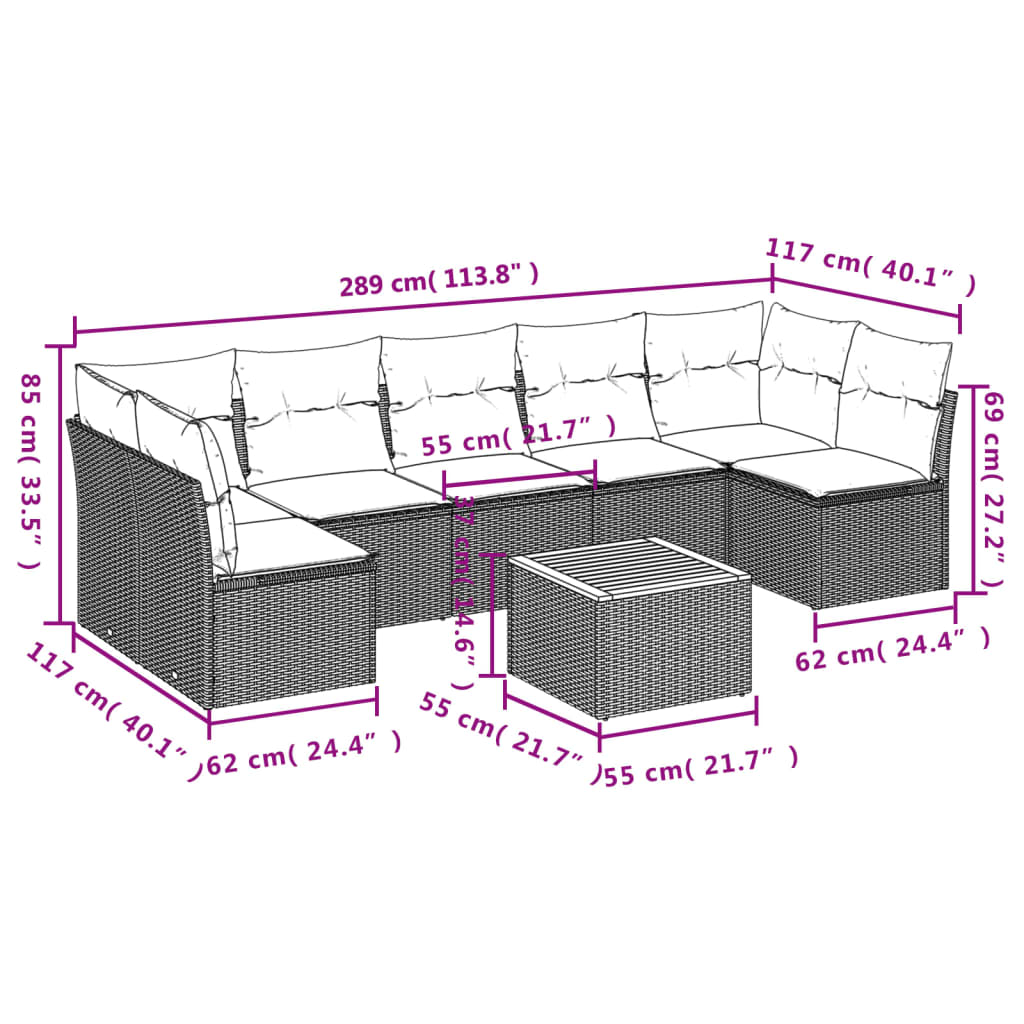 vidaXL 8 pcs conj. sofás jardim c/ almofadões vime PE bege misturado