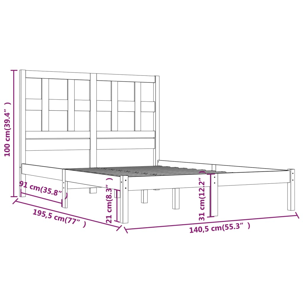 vidaXL Estrutura de cama casal 135x190 cm pinho maciço