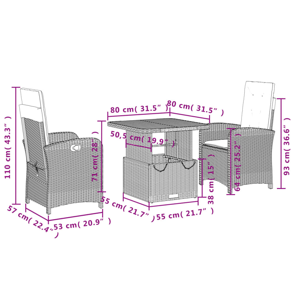 vidaXL 3 pcs conjunto de jantar p/ jardim com almofadões vime PE bege