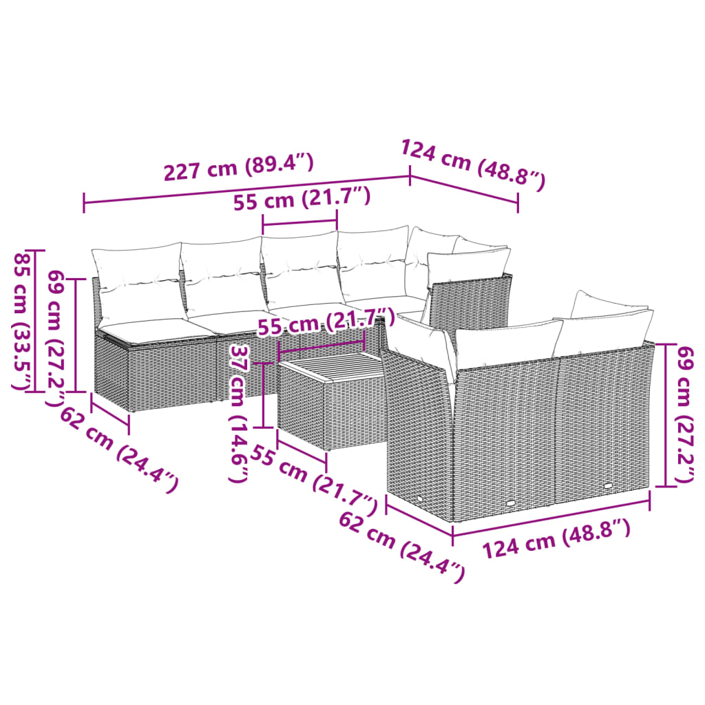 vidaXL 8 pcs conjunto sofás de jardim c/ almofadões vime PE cinzento