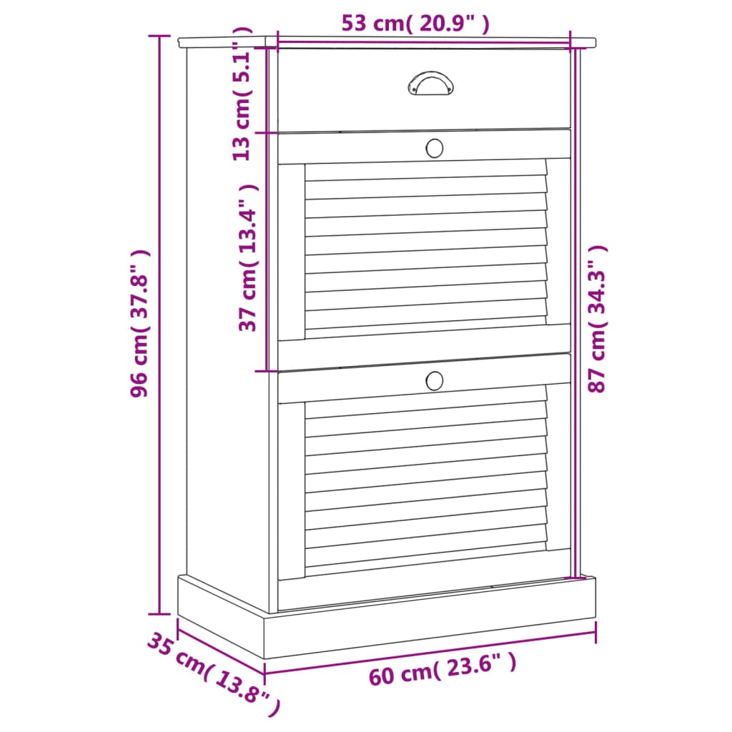 vidaXL Sapateira VIGO 60x35x96 cm madeira de pinho maciça cinzento