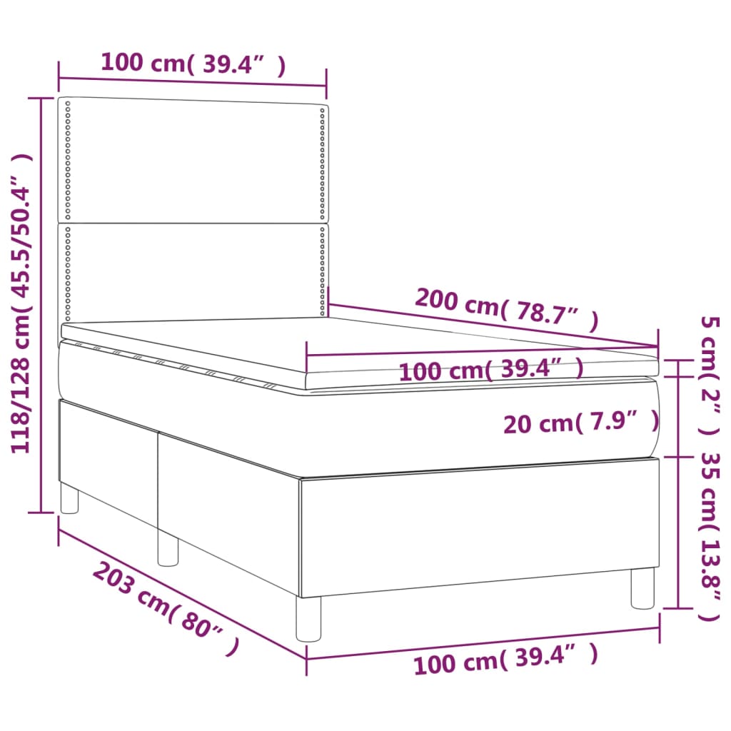 vidaXL Cama box spring c/ colchão/LED 100x200cm couro artificial preto