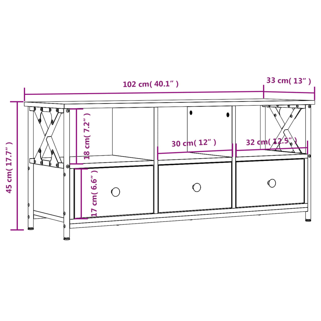 vidaXL Móvel de TV 102x33x45 cm derivados de madeira e ferro preto