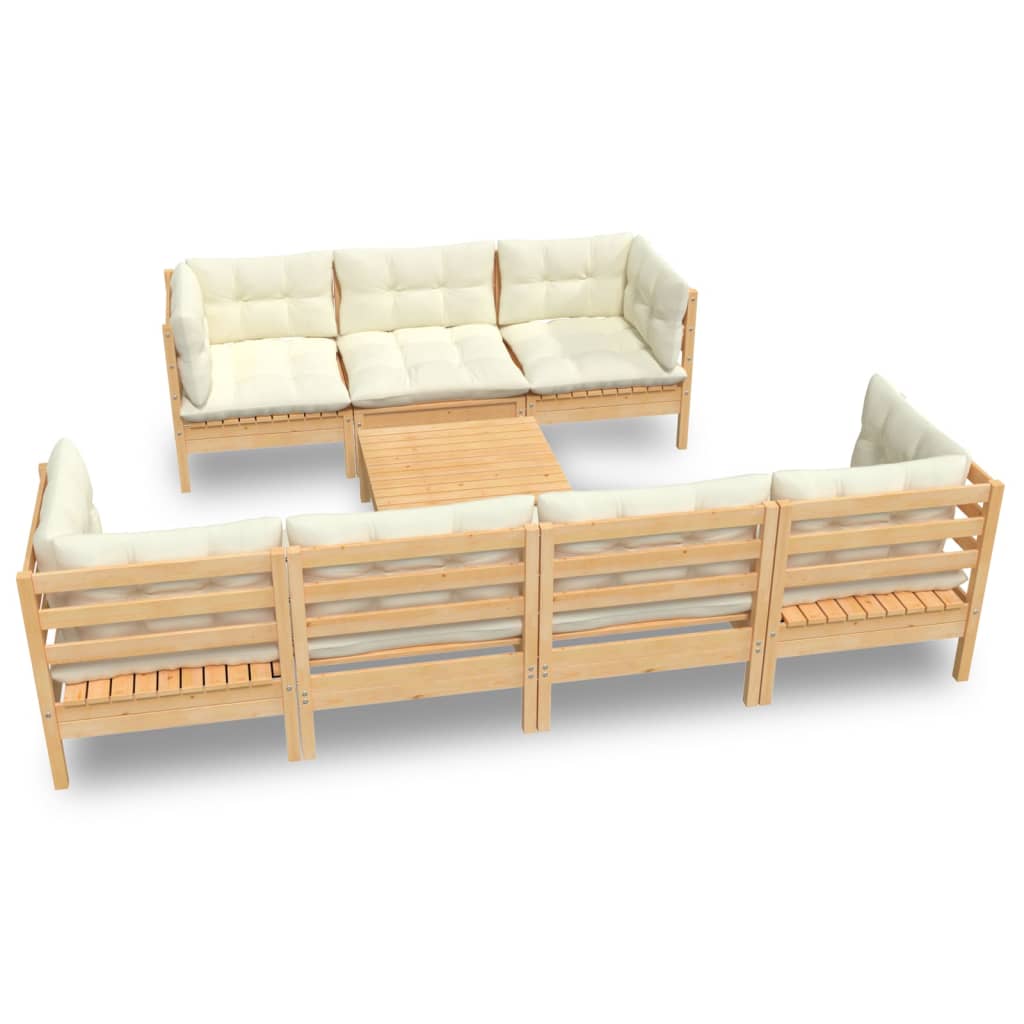 vidaXL 8 pcs conjunto lounge jardim c/ almofadões creme pinho maciço