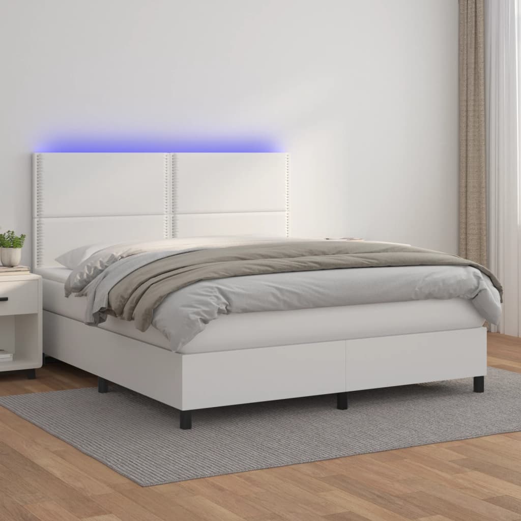 vidaXL Cama box spring c/colchão/LED 180x200cm couro artificial branco