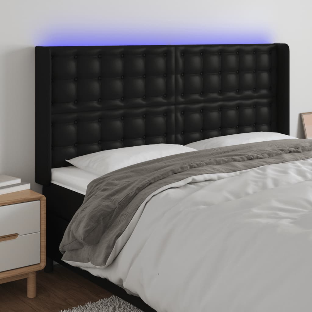 vidaXL Cabeceira cama c/ LED couro artificial 163x16x118/128 cm preto