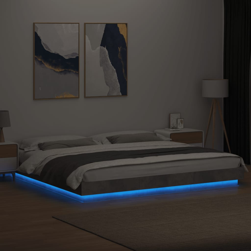 vidaXL Estrutura cama c/ luzes LED derivados de madeira cinza cimento