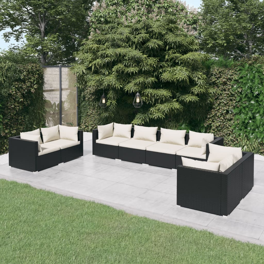 vidaXL 8 pcs conjunto lounge de jardim c/ almofadões vime PE preto