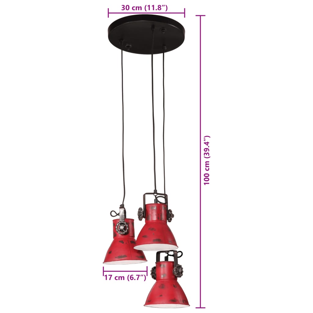 vidaXL Candeeiro suspenso 25 W 30x30x100 cm E27 vermelho desgastado