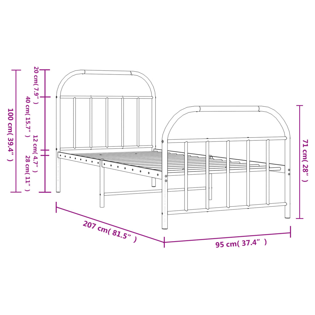 vidaXL Estrutura de cama com cabeceira e pés 90x200 cm metal preto