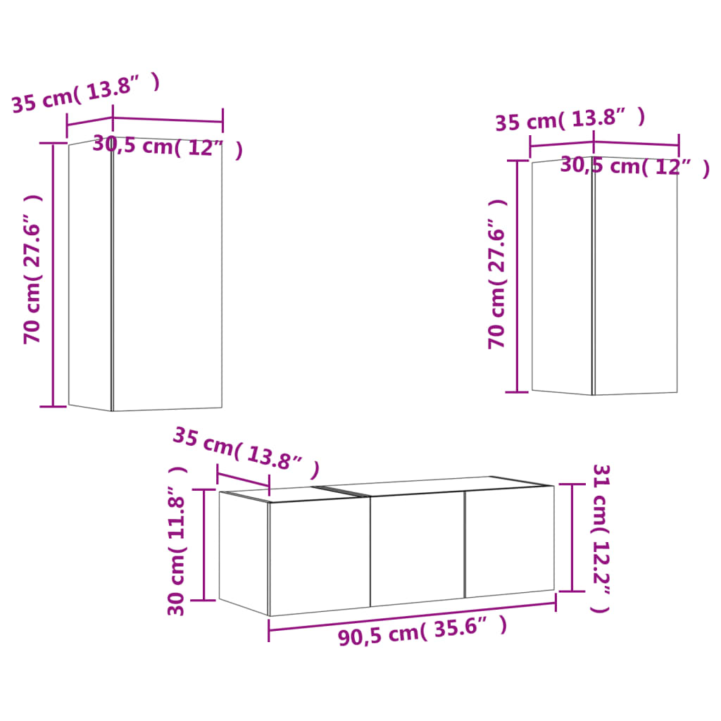 vidaXL 4pcs móveis parede p/ TV c/ LEDs deriv. madeira carvalho fumado