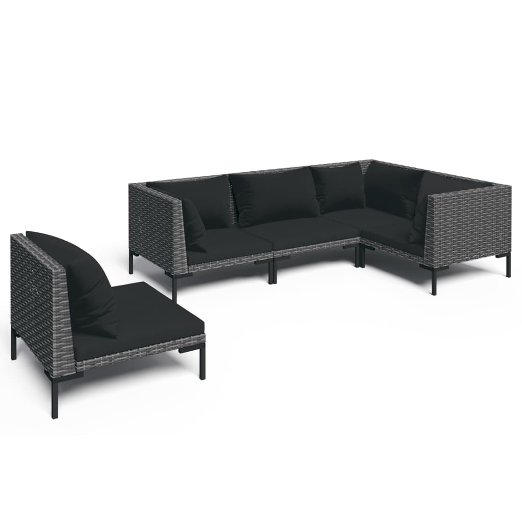 vidaXL 5 pcs conj. lounge jardim c/ almofadões vime PE cinzento-escuro