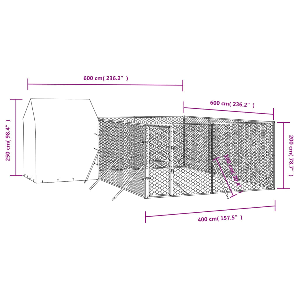 vidaXL Canil de exterior com teto 6x6x2,5 m aço galvanizado prateado