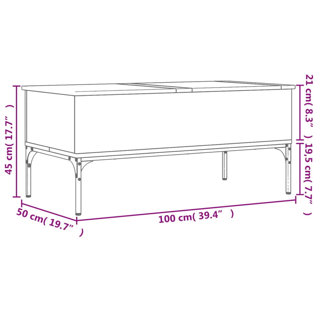 vidaXL Mesa de centro 100x50x45cm deriv. madeira/metal carvalho sonoma