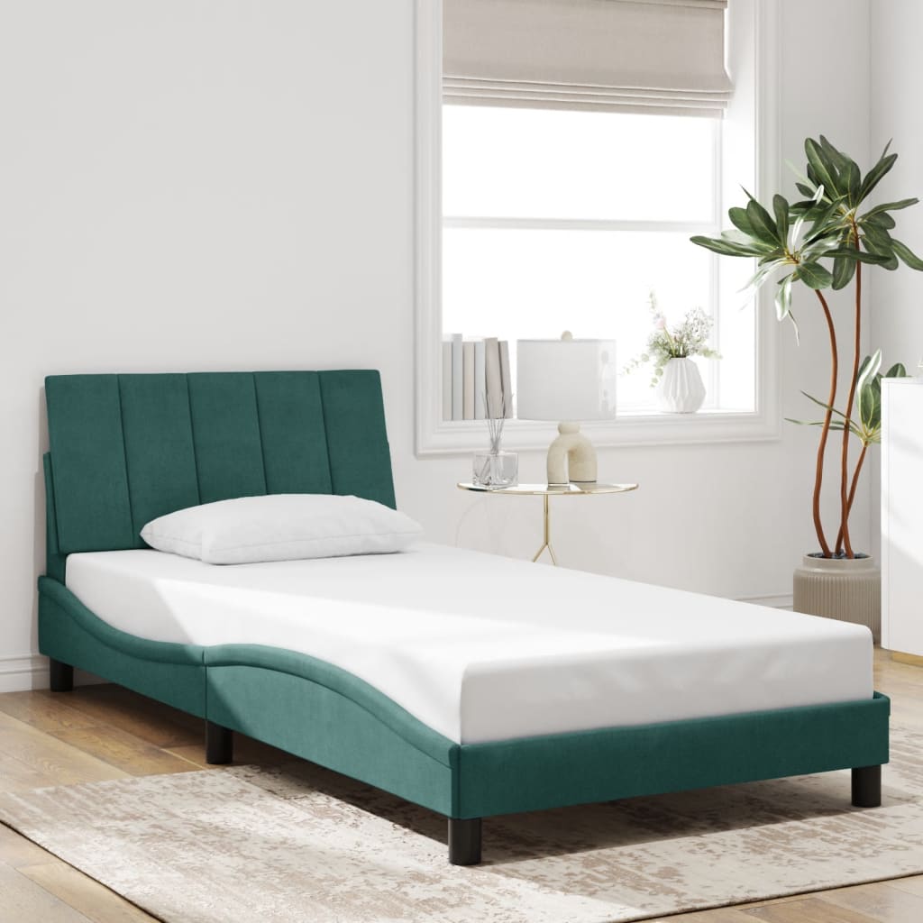 vidaXL Estrutura de cama c/ cabeceira 100x200 cm veludo verde-escuro