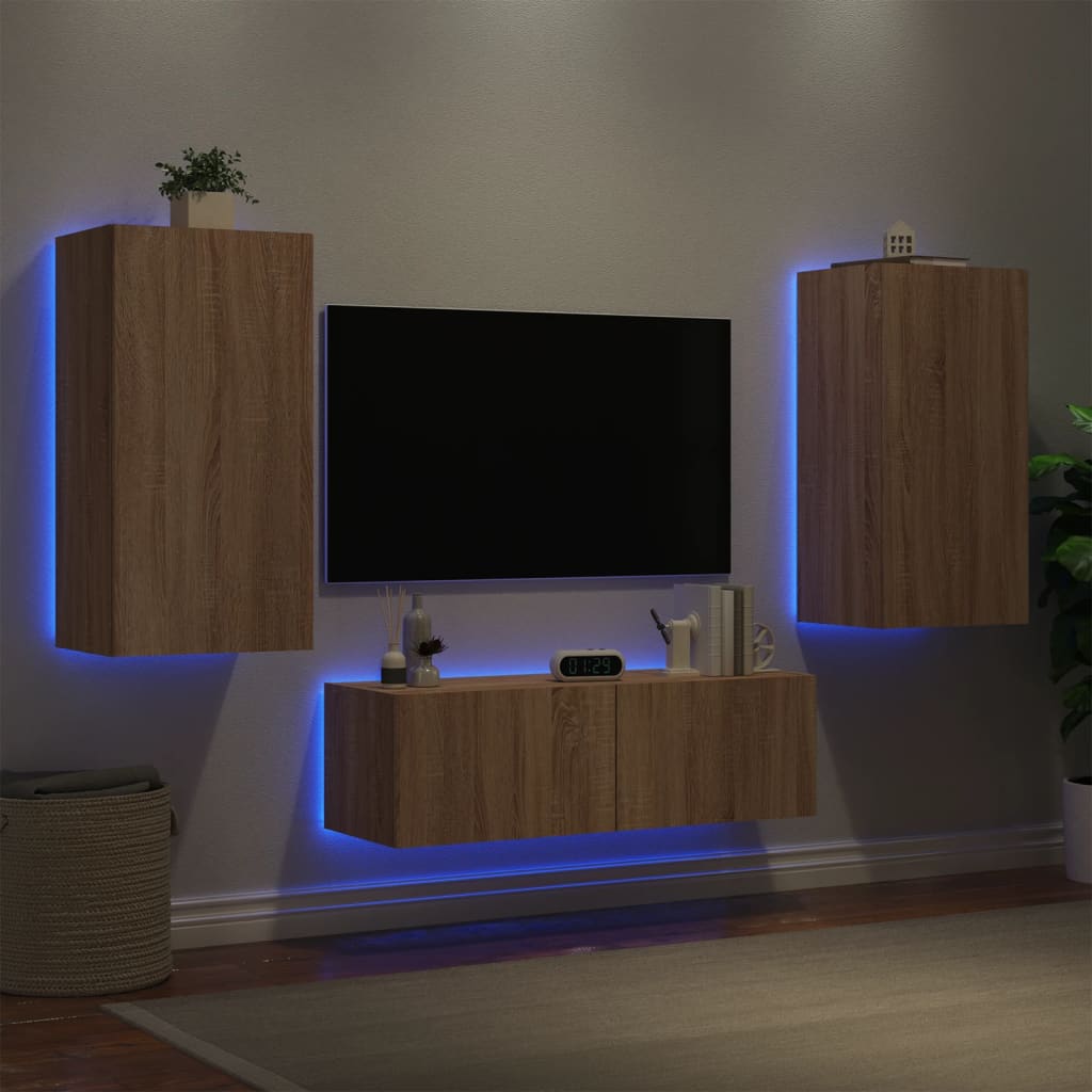 vidaXL 3 pcs móveis de parede para TV com luzes LED carvalho sonoma