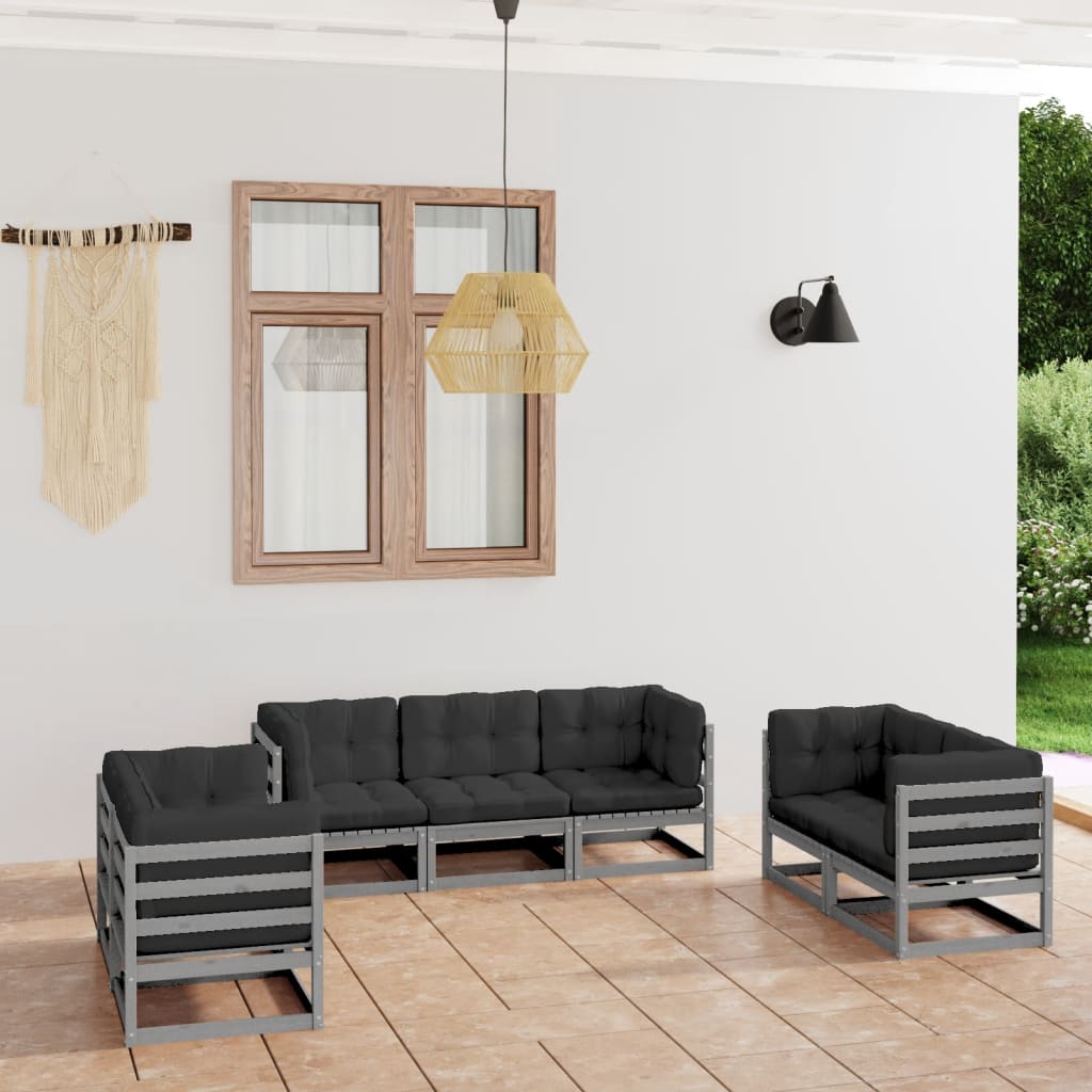 vidaXL 7 pcs conjunto lounge de jardim c/ almofadões pinho maciço