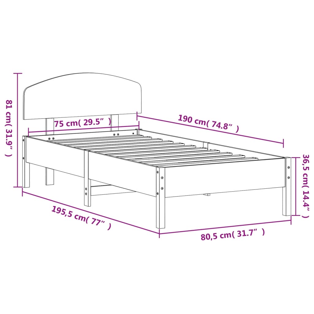 vidaXL Cama sem colchão 75x190 cm madeira de pinho maciça