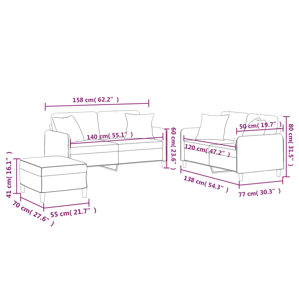 vidaXL 3 pcs conjunto de sofás com almofadas tecido cinzento-claro