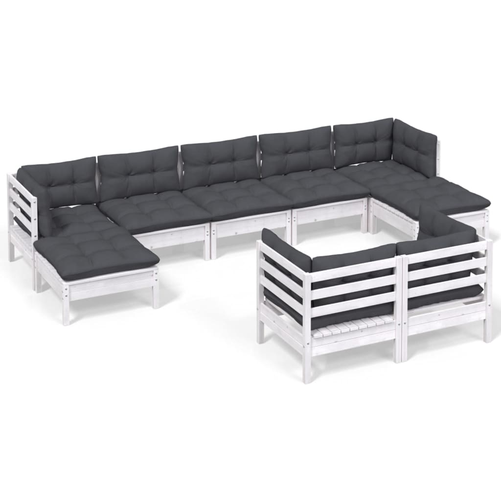 vidaXL 9 pcs conj. lounge de jardim c/ almofadões pinho maciço branco