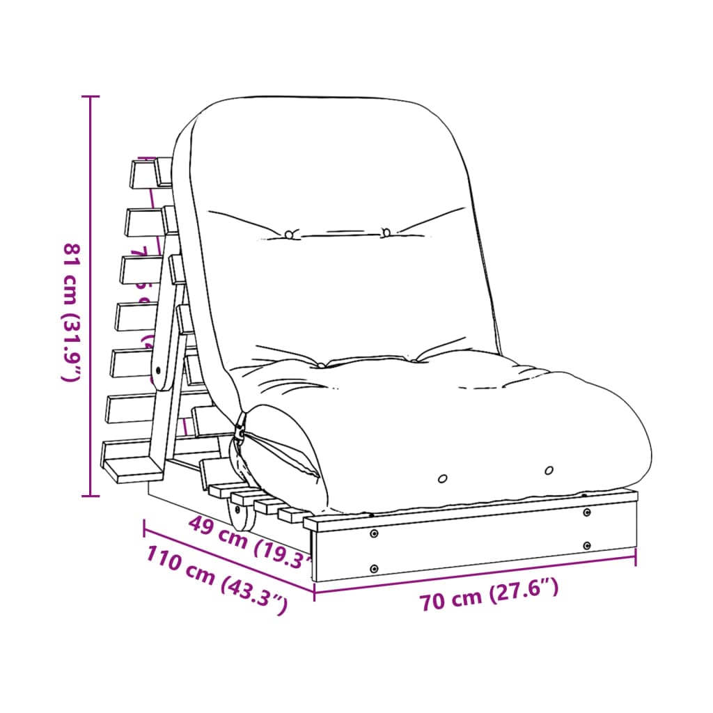 vidaXL Sofá-cama futon com colchão 70x206x11 cm madeira douglas maciça