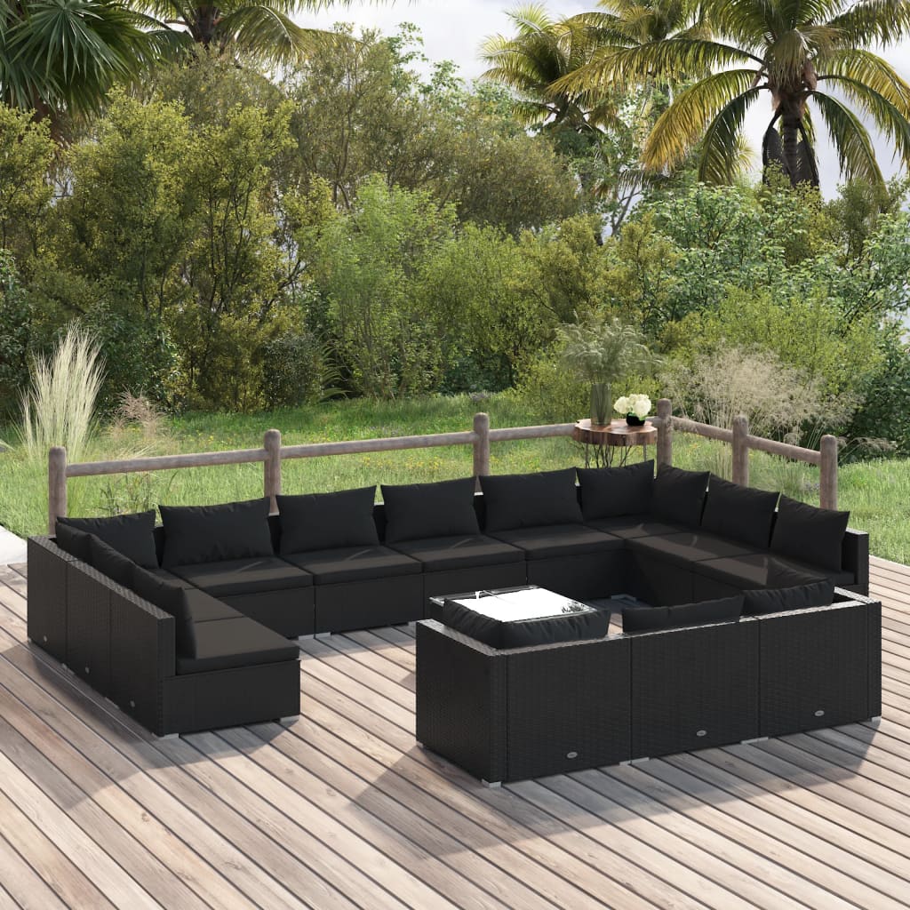 vidaXL 14 pcs conjunto lounge de jardim c/ almofadões vime PE preto