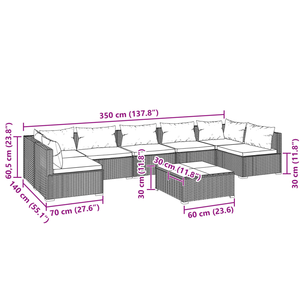 vidaXL 8 pcs conjunto lounge jardim c/ almofadões vime PE castanho