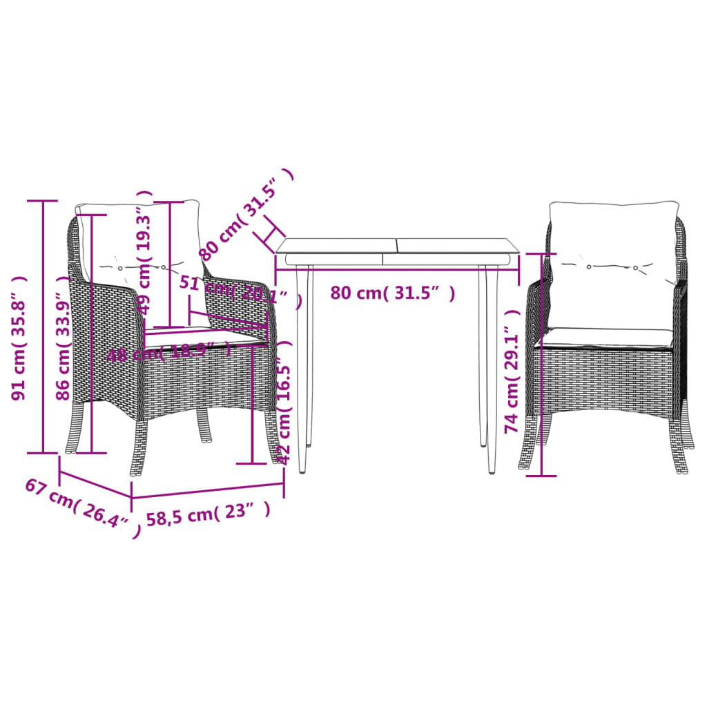 vidaXL 3 pcs conjunto de jantar p/ jardim c/ almofadões vime PE cinza