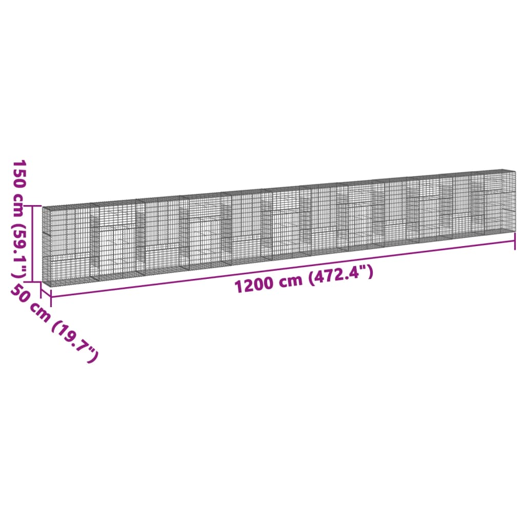 vidaXL Cesto gabião com cobertura 1200x50x150 cm ferro galvanizado