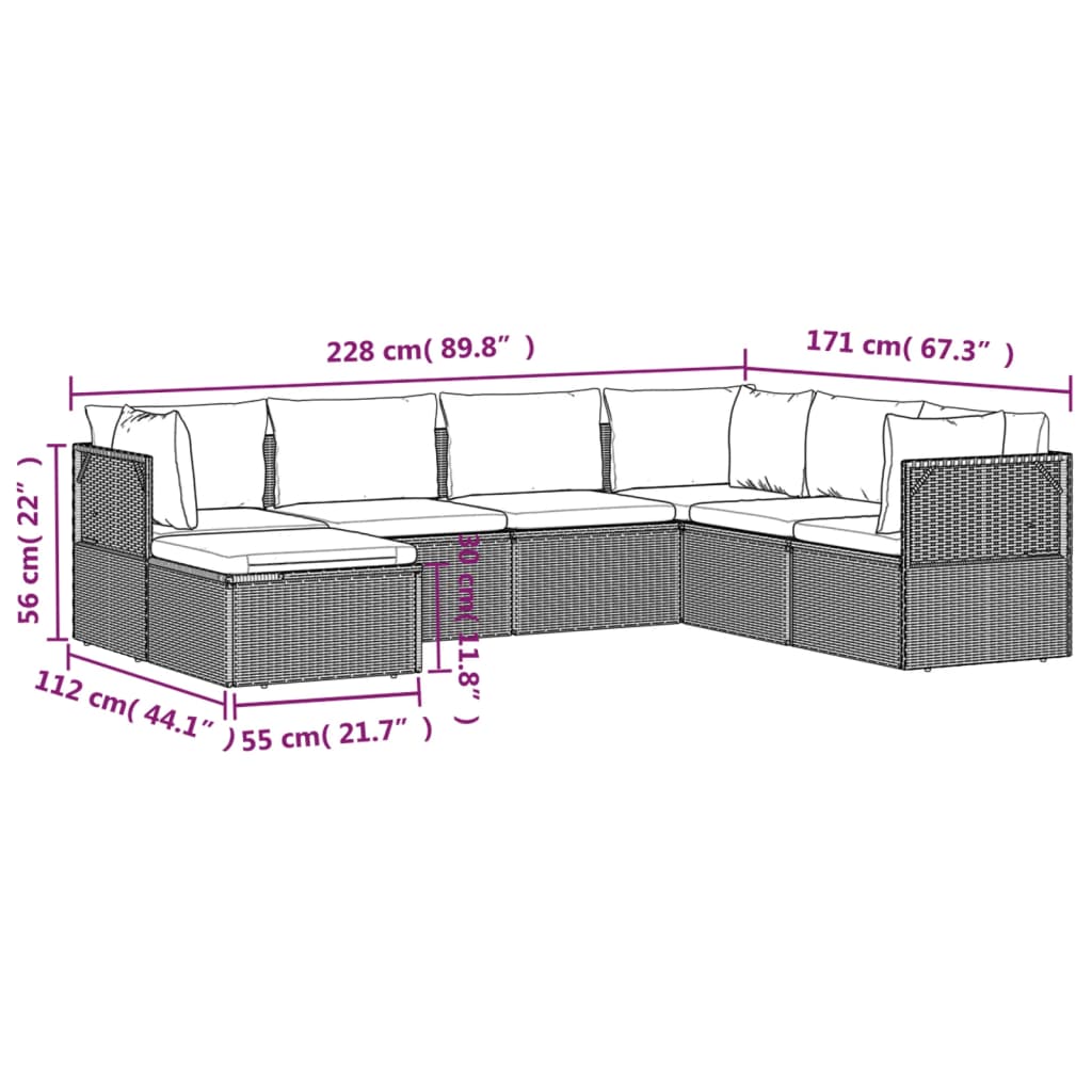 vidaXL 7 pcs conjunto lounge de jardim c/ almofadões vime PE cinzento