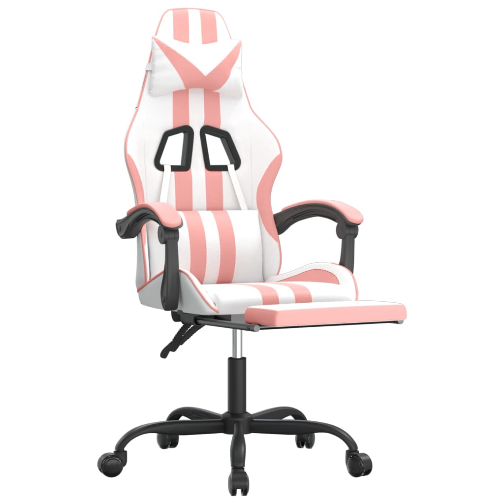 vidaXL Cadeira gaming giratória c/ apoio pés couro artif. branco/rosa